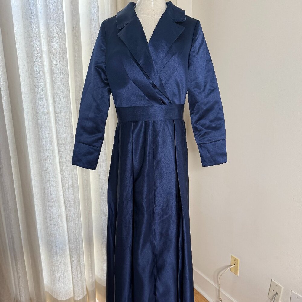 NAVY Heavy Satin Collared Hepburn-Style Old Hollywood Long Dress Gown